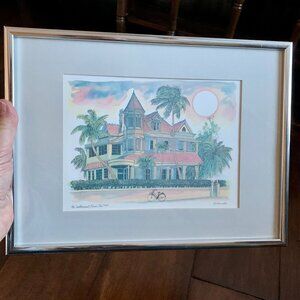 Vintage Framed Key West Southernmost House Lithograph Print by R.E. Kennedy